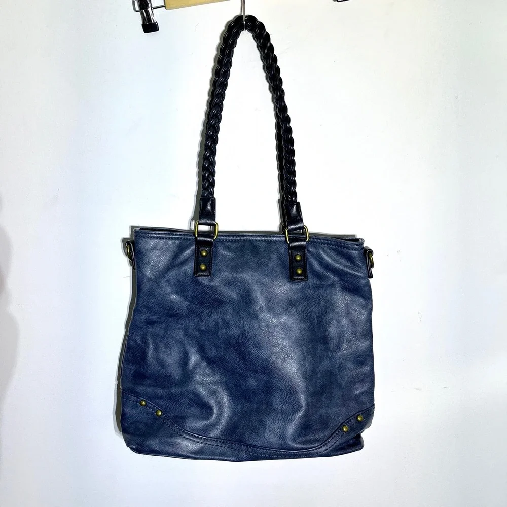 Tote‎ Bag Faux Leather Braided Handles Aztec Design Blue Shoulder Bag Maurices